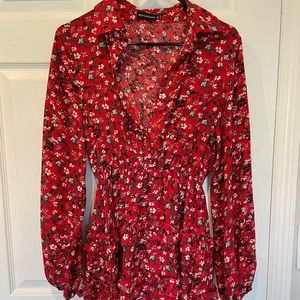 PLT Red Floral Long Sleeve Mini Dress